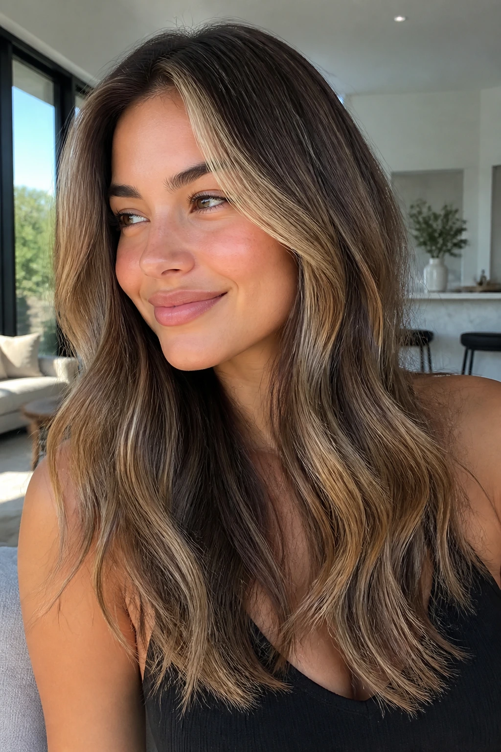 Close-up of brunette with cream soda blonde babylights in bright room.