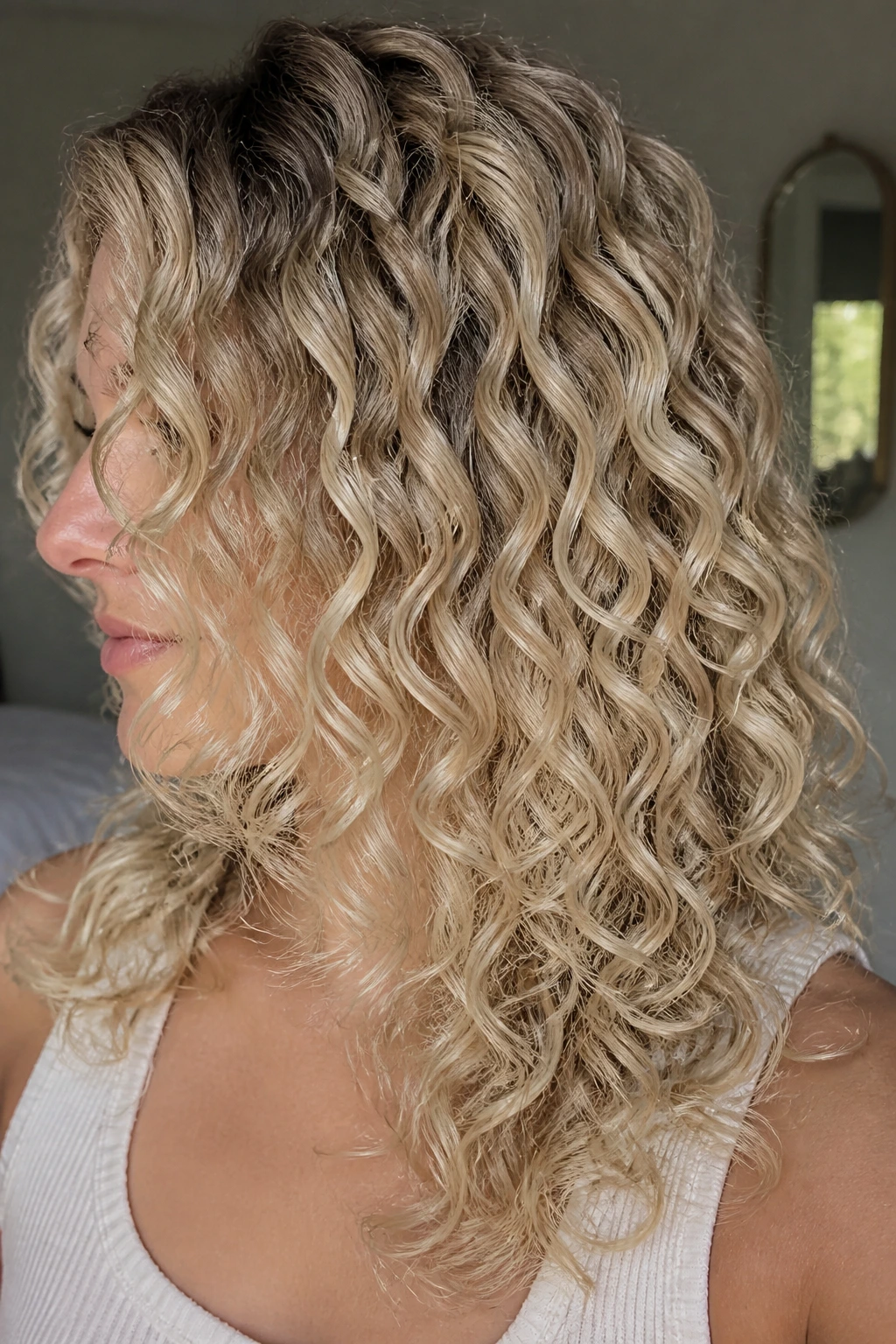 Close-up of cream soda blonde babylights with a soft shadow root on a real person’s curls under soft indoor light