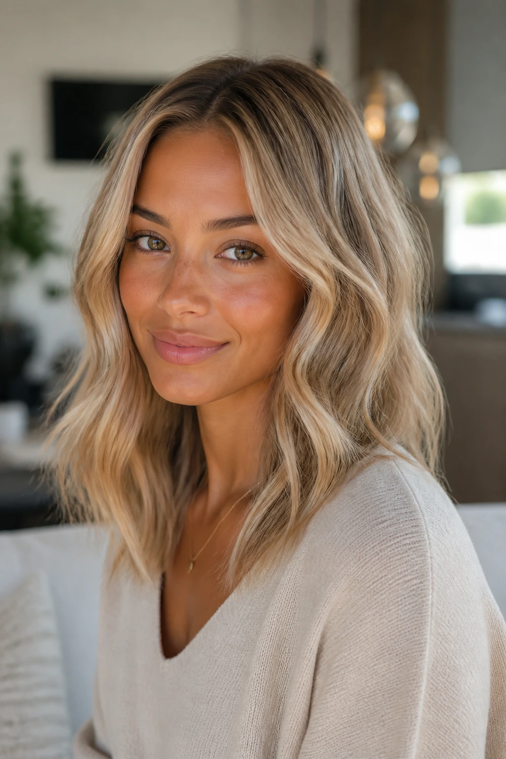 Close-up portrait of a real woman with cream soda blonde hair and creamy glow