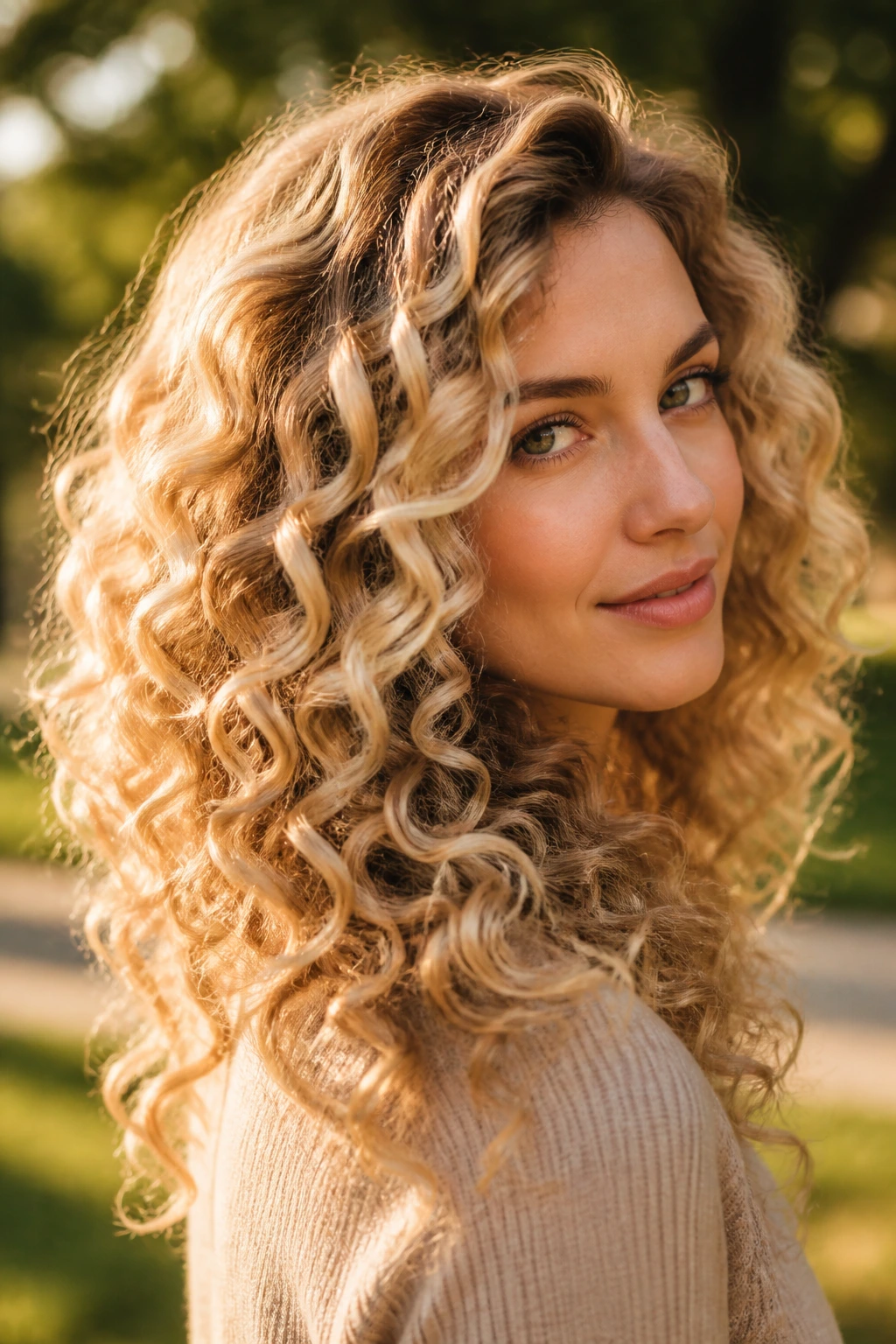 Real woman with cream soda blonde curls in warm golden hour light.