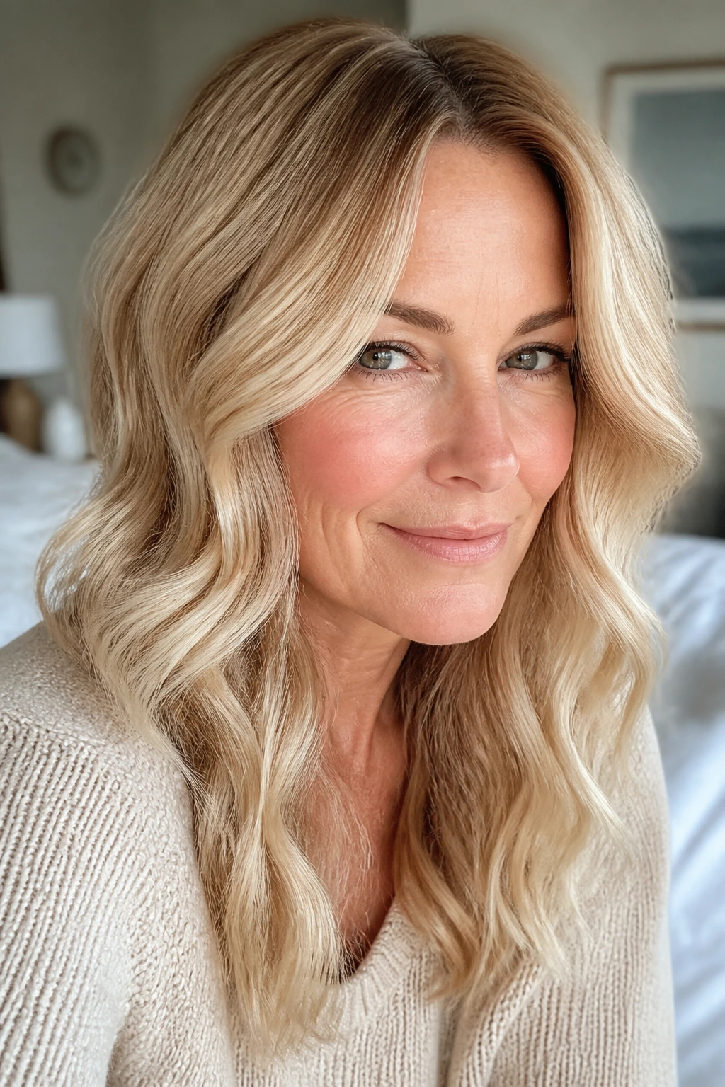 Portrait of a woman with cream soda blonde showing soft warm blonde