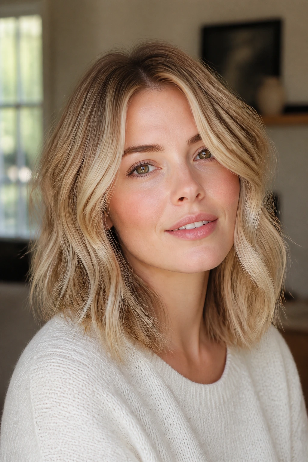 Close-up portrait of a real woman with cream soda blonde on pale skin and a square face, shoulder-length with movement.