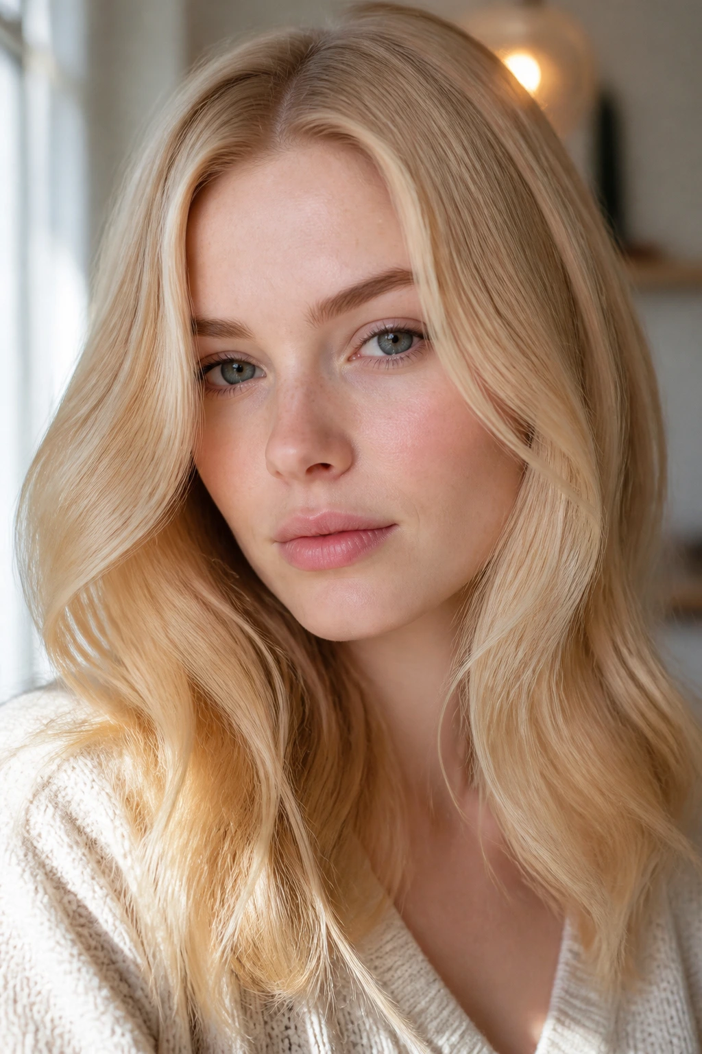 Close-up portrait of a woman with Cream Soda Blonde hair in bright daylight