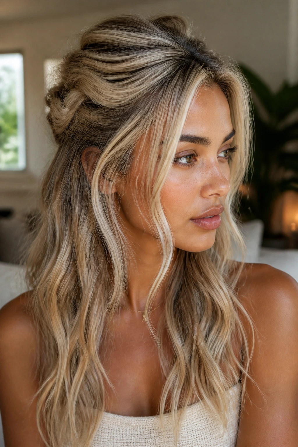 Close-up of a real woman with a cream soda blonde half-up twist.