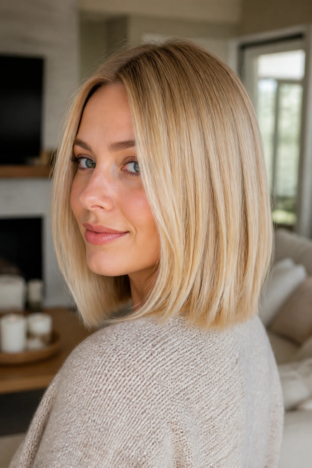 Shoulder-length cream soda blonde lob on a real person