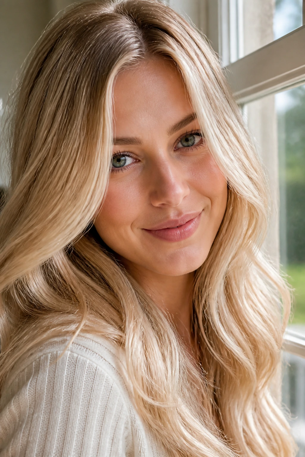 Close-up portrait of a real woman with cream soda blonde hair in natural window light