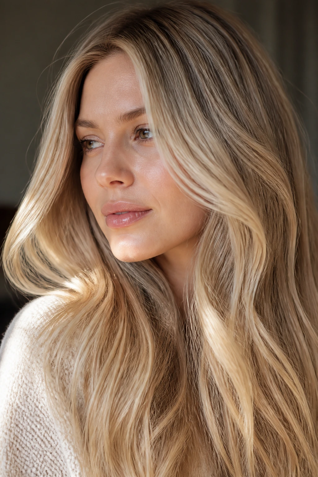 Close-up of cream soda blonde with beige veils on a real person