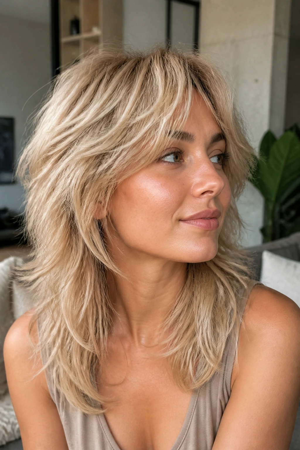 Close-up of Cream Soda Blonde Wolf Cut on a real woman with textured layers.