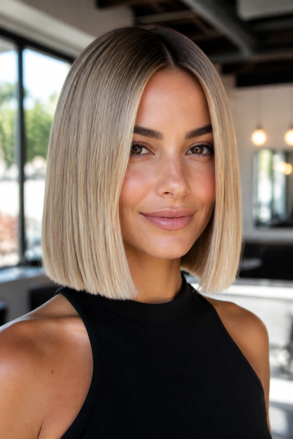 Real person with cream soda blonde blunt lob in bright salon lighting
