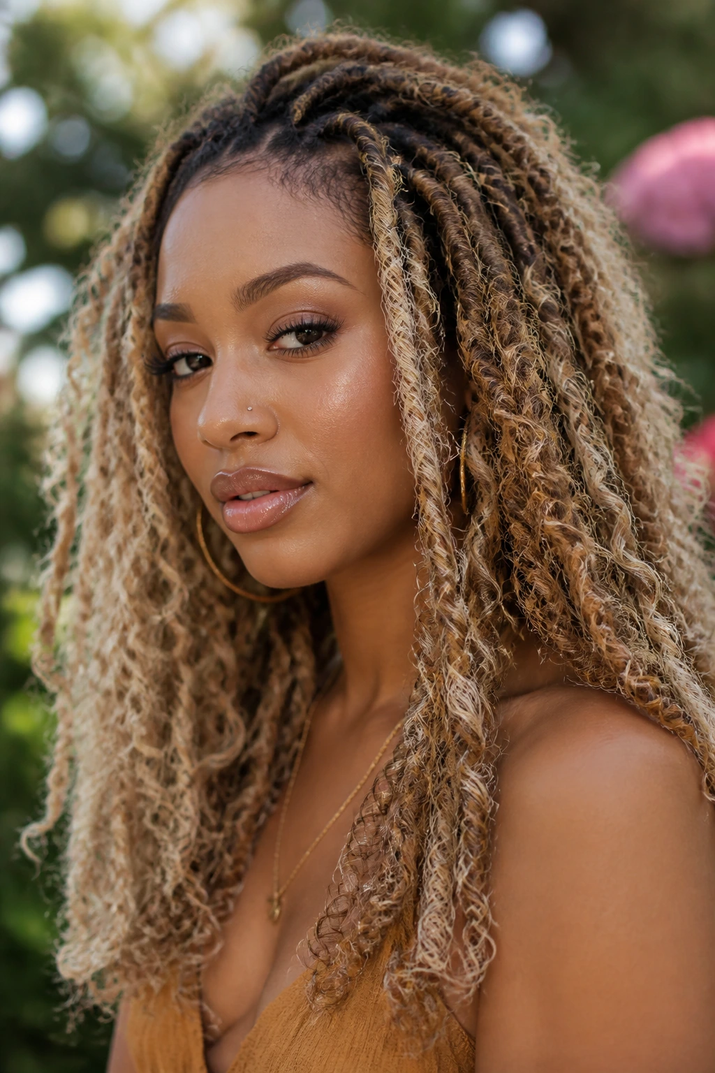 Close-up of a real woman with cream soda butterfly locs in garden light