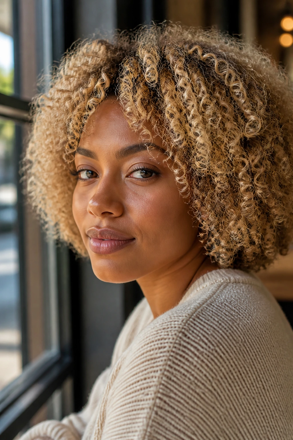 Cream soda blonde curly bob on a real person in a cafe window setting