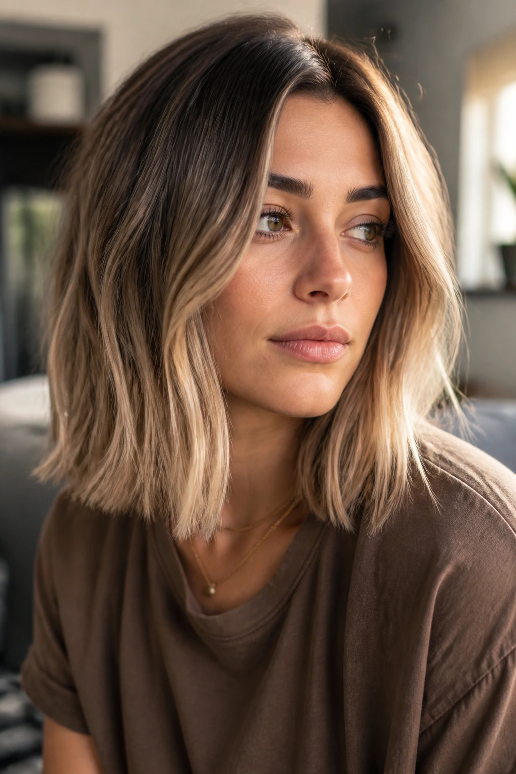 Close-up brunette with cream soda ends on a shoulder-length bob under warm window light