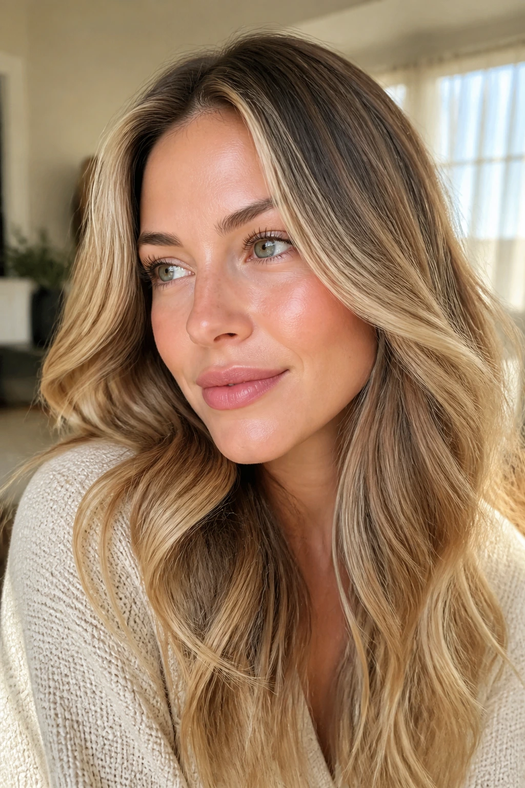 Close-up portrait of a real woman with cream soda highlights on beige-blonde hair