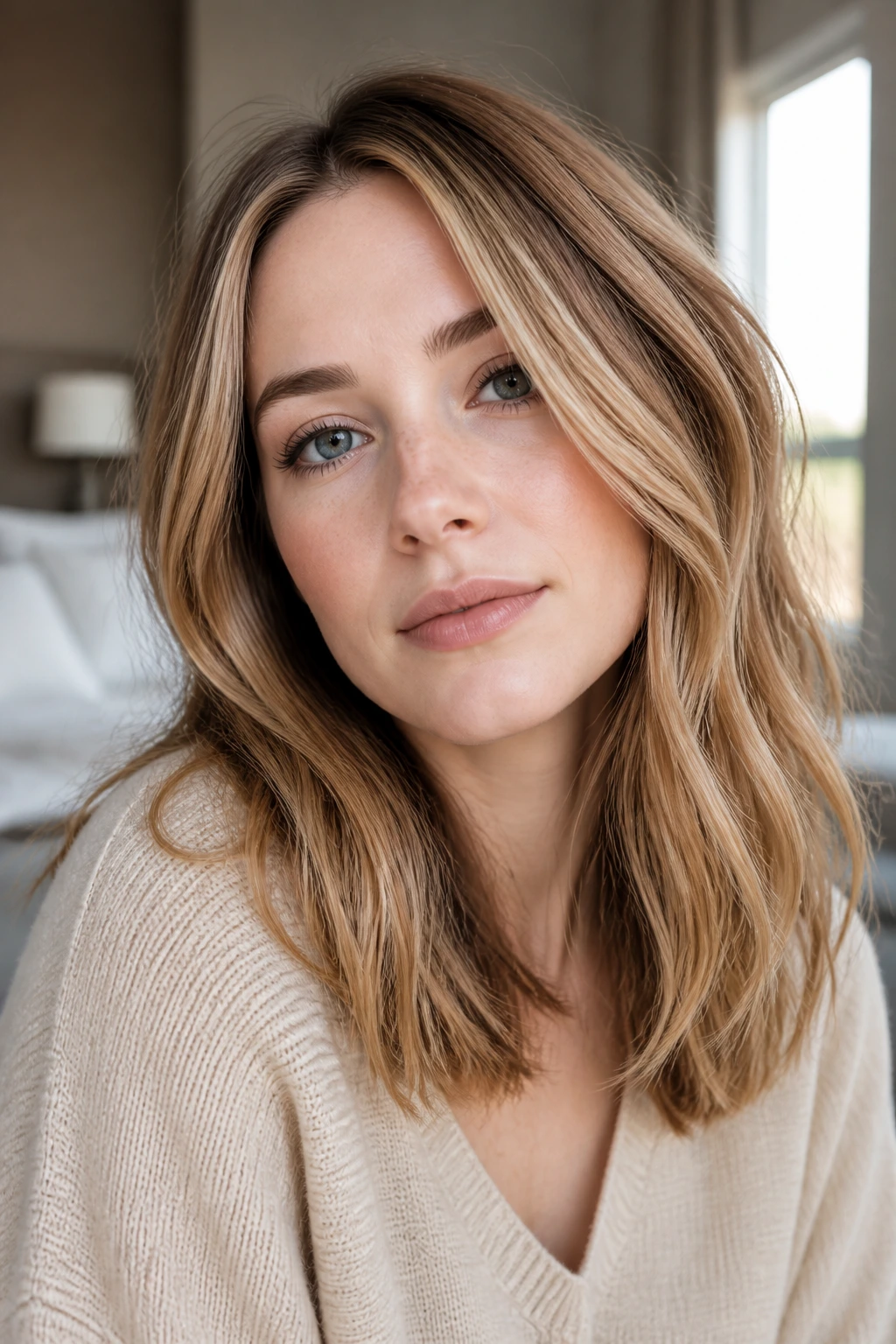 Portrait of a real woman with creamy beige-beige highlights in soft daylight