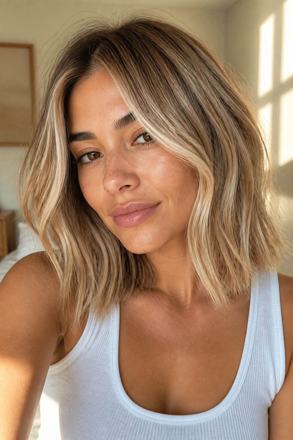 Close-up of a real woman with a cream soda lob featuring a beige base, brighter ends and subtle face-framing highlights.