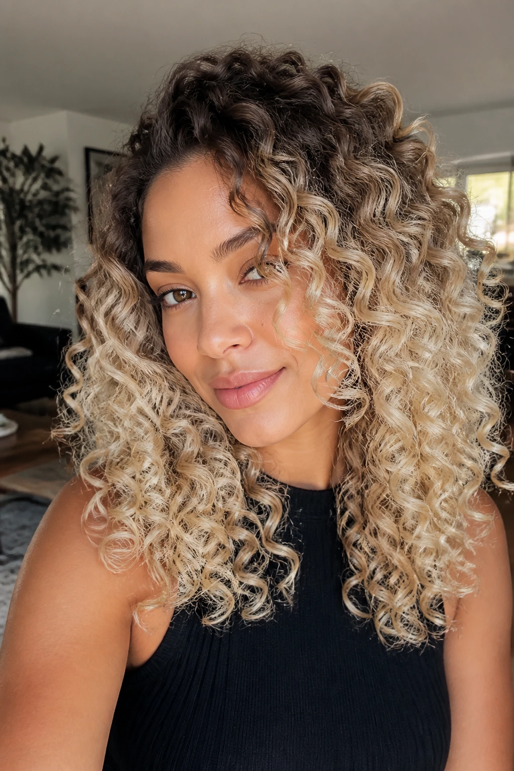Close-up of cream soda curly ombre on real woman's hair
