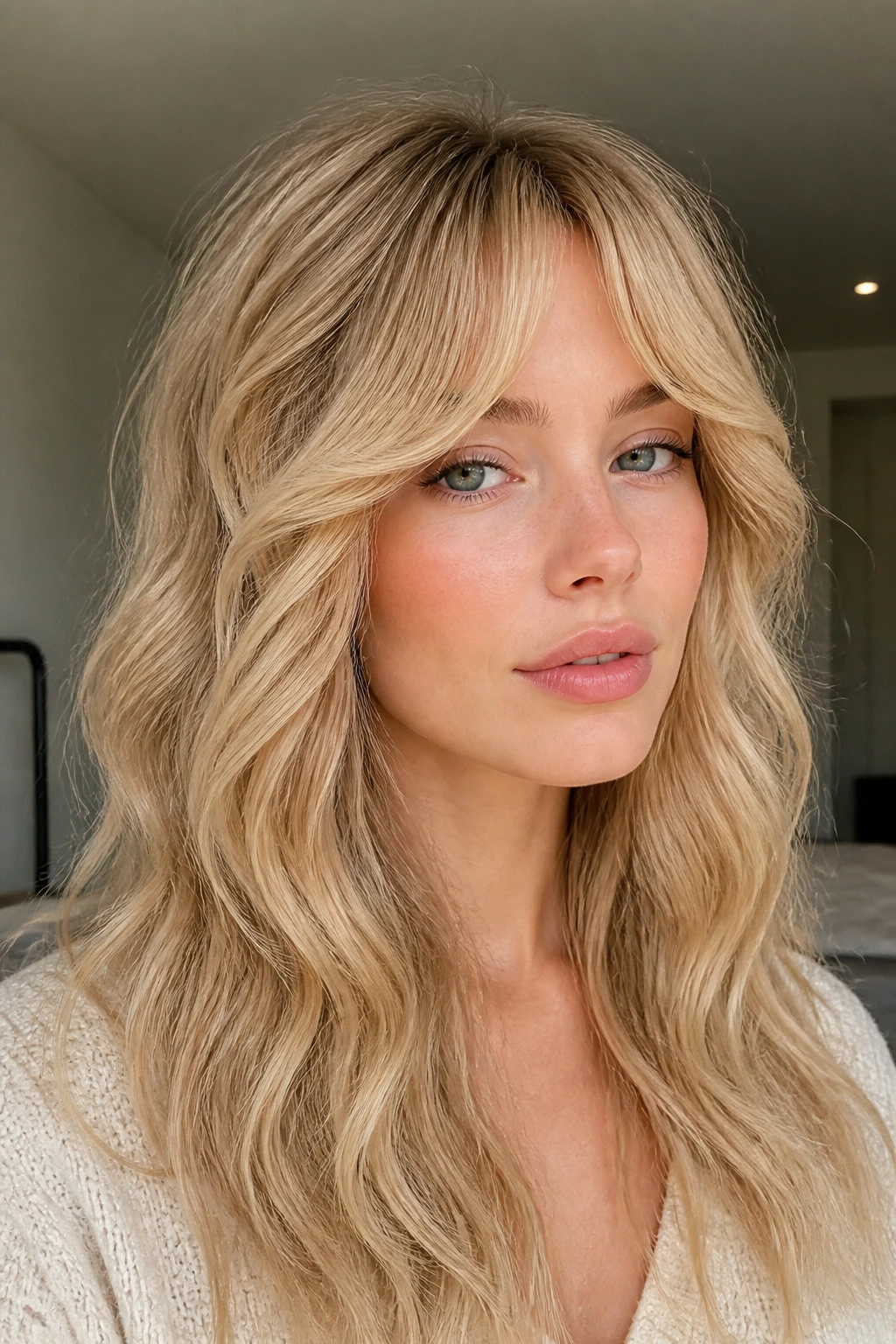 Close-up portrait of a woman with cream soda waves and bottleneck bangs