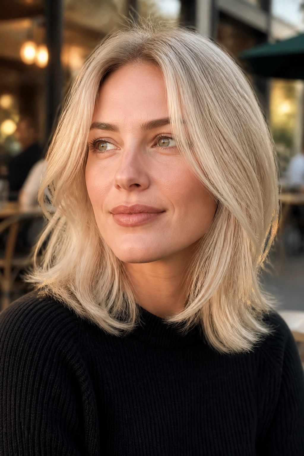 Close-up portrait of a real woman with cream-to-pearl midlength blonde hair