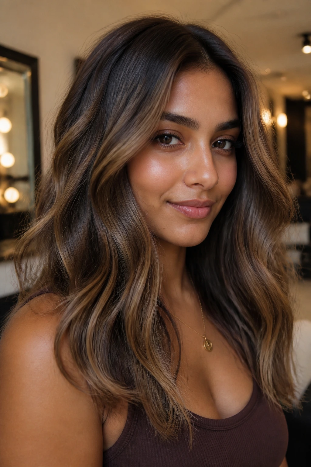 Portrait of a woman with creamed coffee toffee hair and soft waves in warm lighting