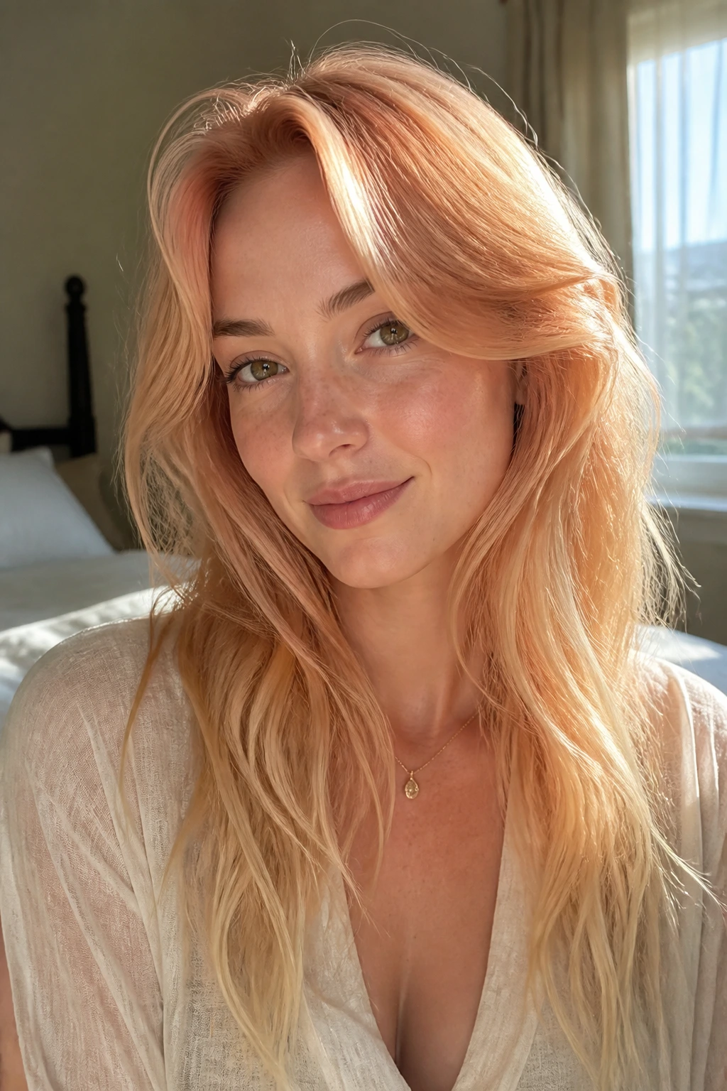 Close-up portrait of a real woman with creamsicle blonde hair and a strawberry veil.