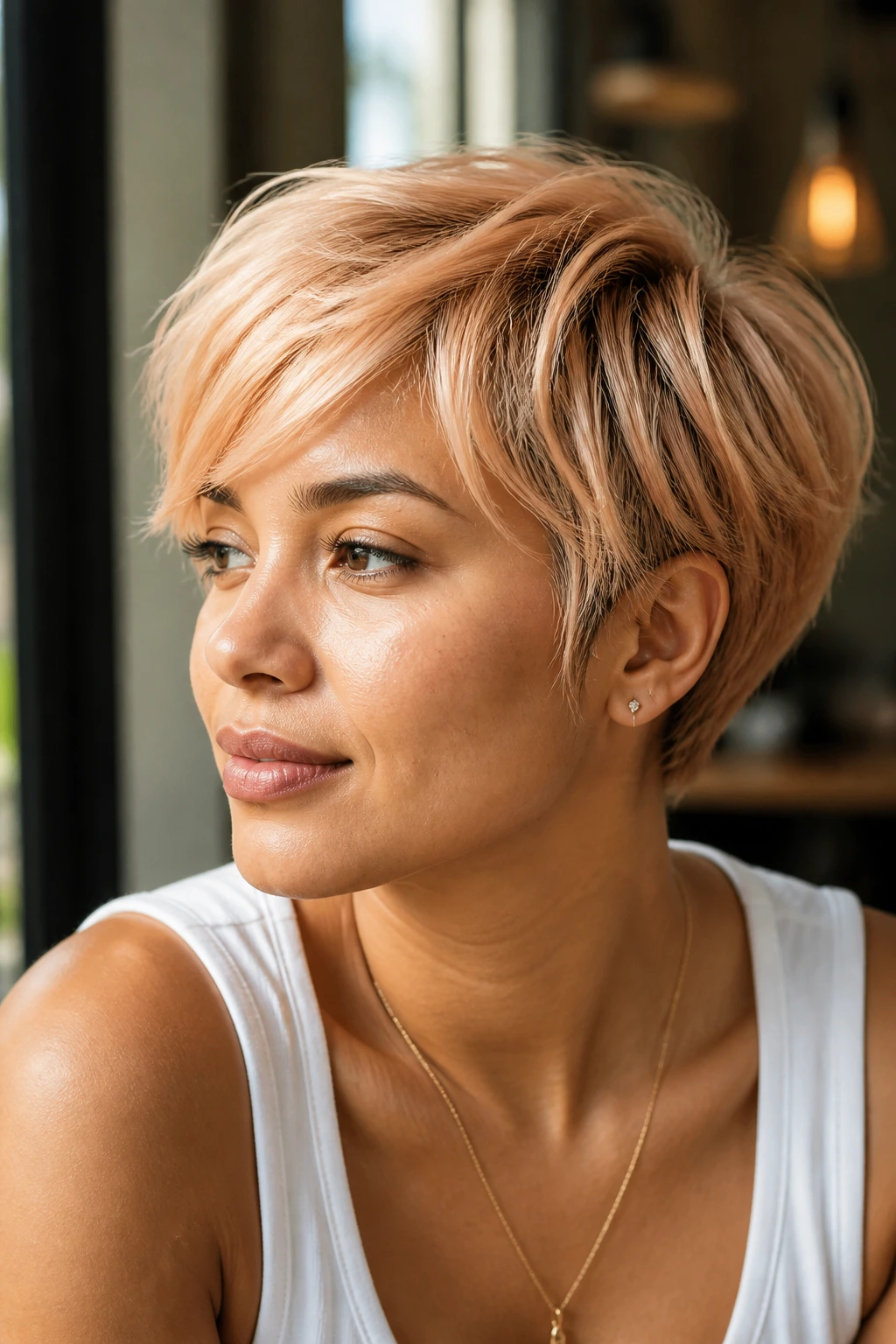 Real person with a creamsicle pixie bob in soft sunlight at a cafe.