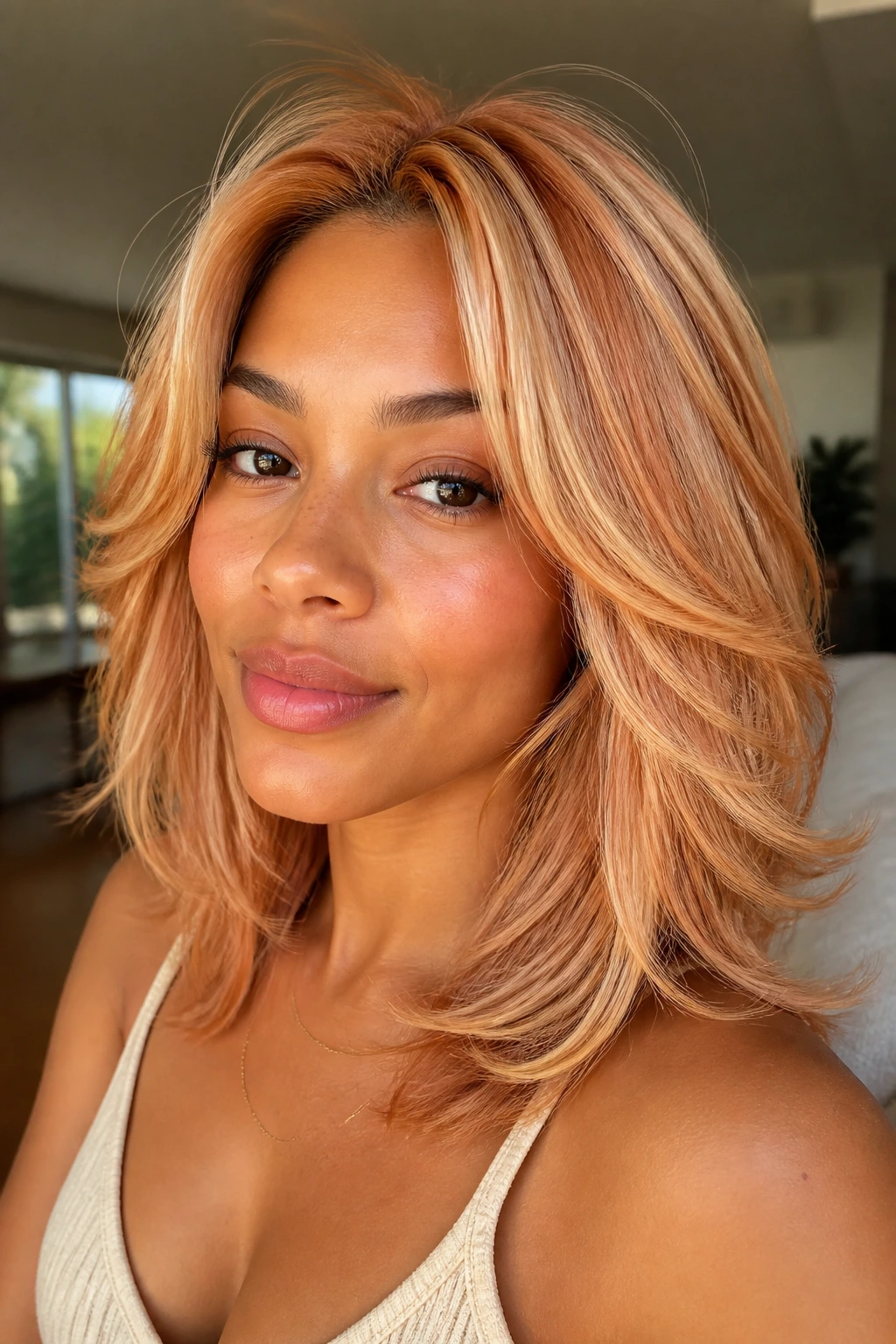 Close-up portrait of a real woman with creamsicle strawberry layered hair in warm light