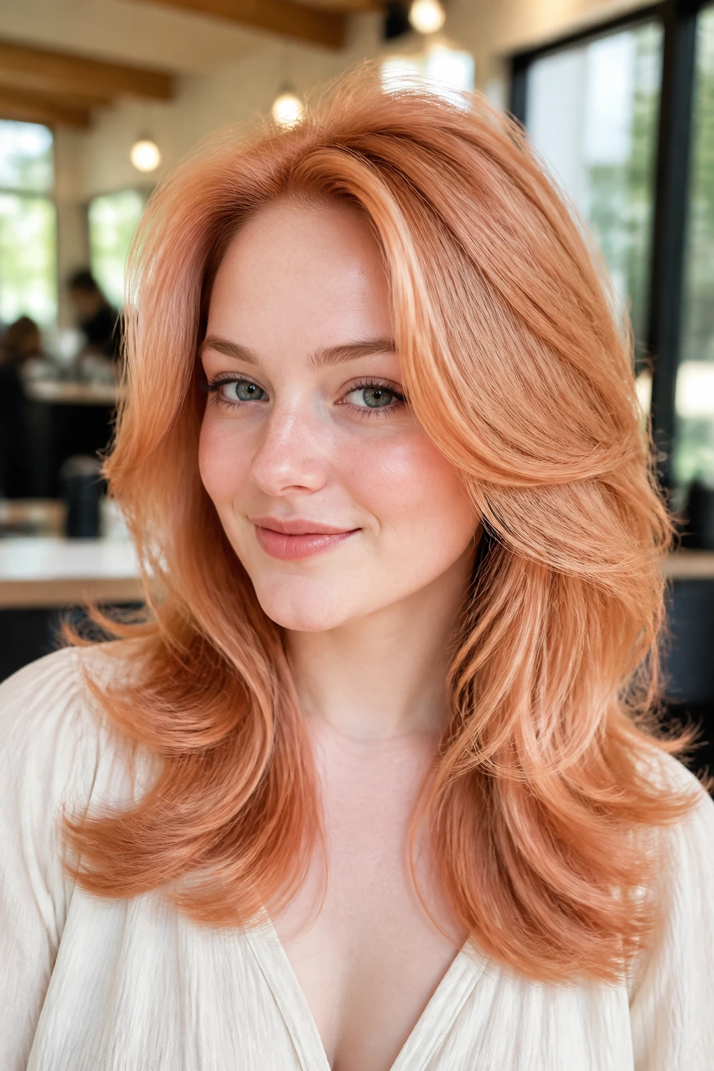 Close-up of a real woman with voluminous creamsicle strawberry-blonde hair