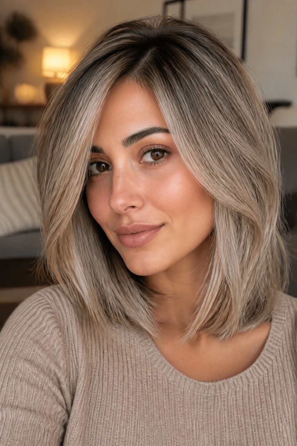 Portrait of a real person with creamy ash hair and root shadow, medium-length layered style.