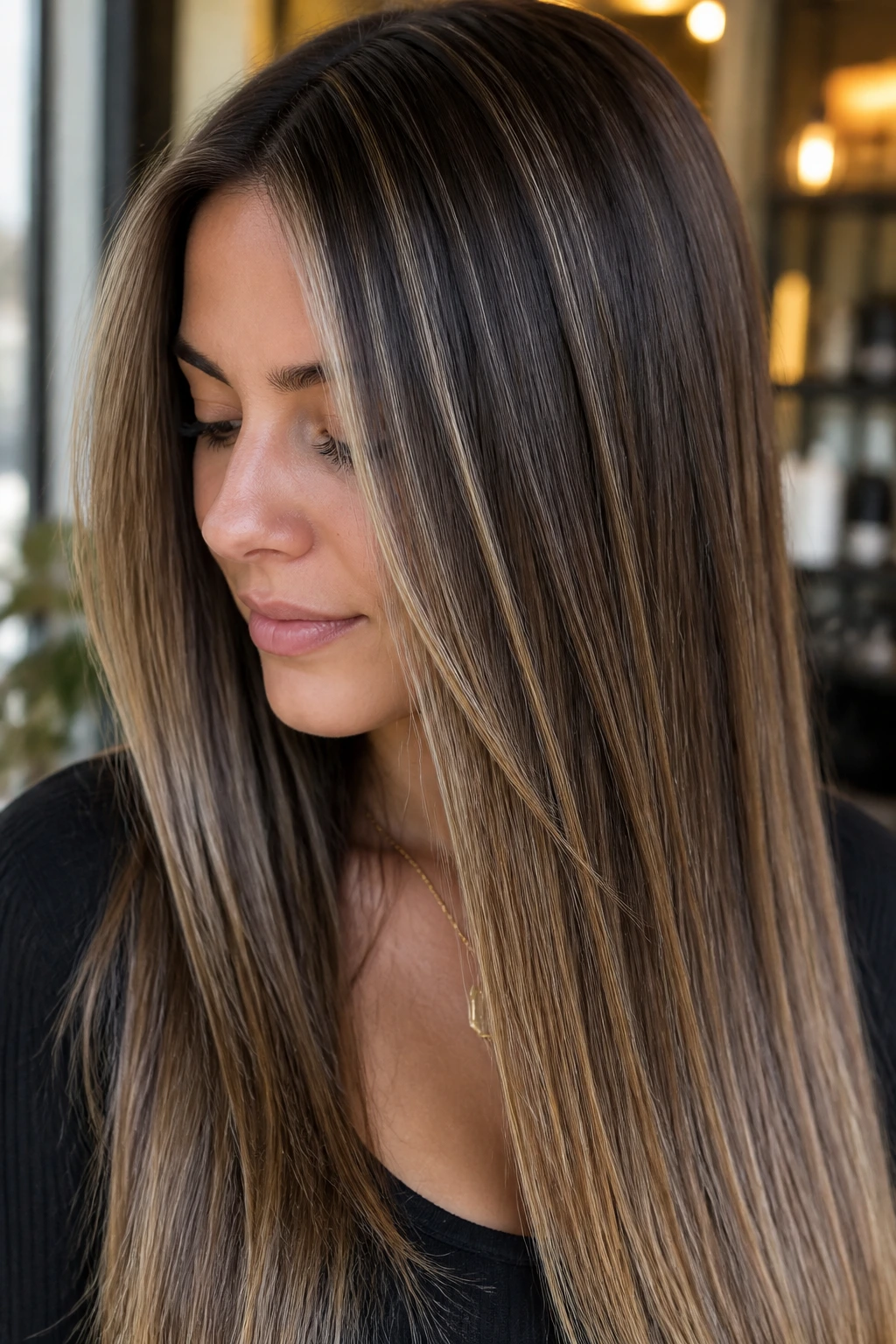 Close-up of a real woman with long straight hair featuring creamy babylights around the face.