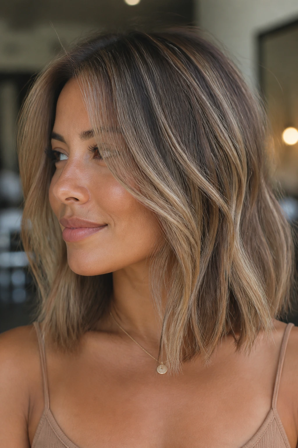 Close-up of a real woman with creamy beige babylights on medium-length hair