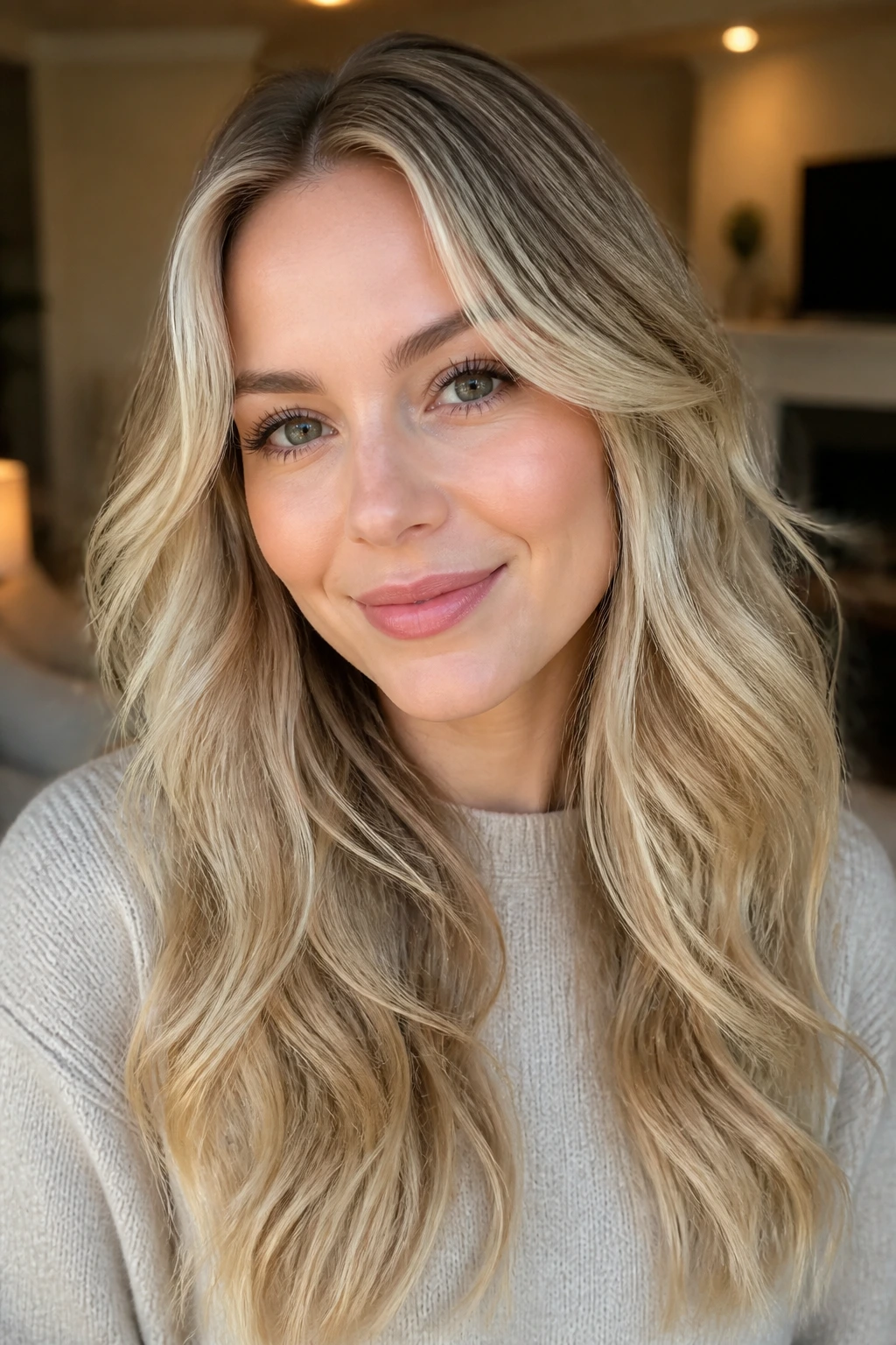 Portrait of creamy beige blonde with deeper roots and soft face-framing pieces