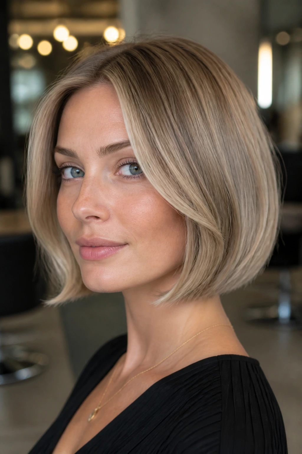 Portrait of woman with creamy beige bob and cheekbone ribbons in salon lighting