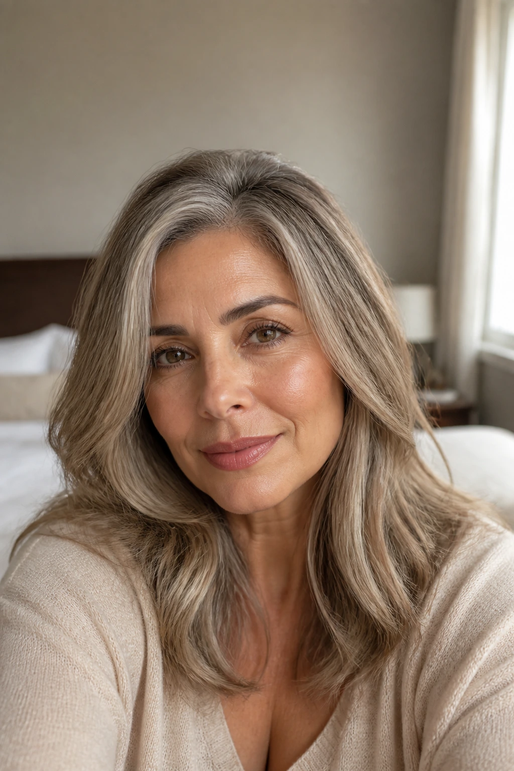 Close-up of a real person with creamy beige blend grey hair on olive skin