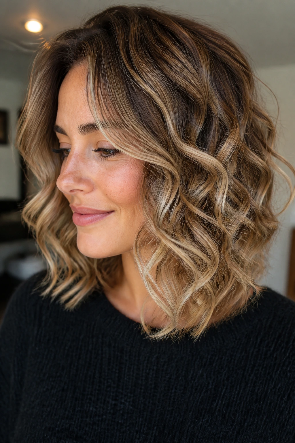 Close-up of layered lob curls with creamy beige babylights