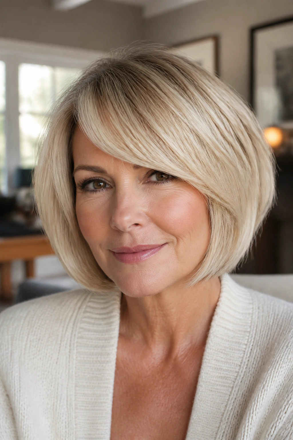 Close-up portrait of a real woman with a creamy blonde bob and side-swept fringe, warm window light