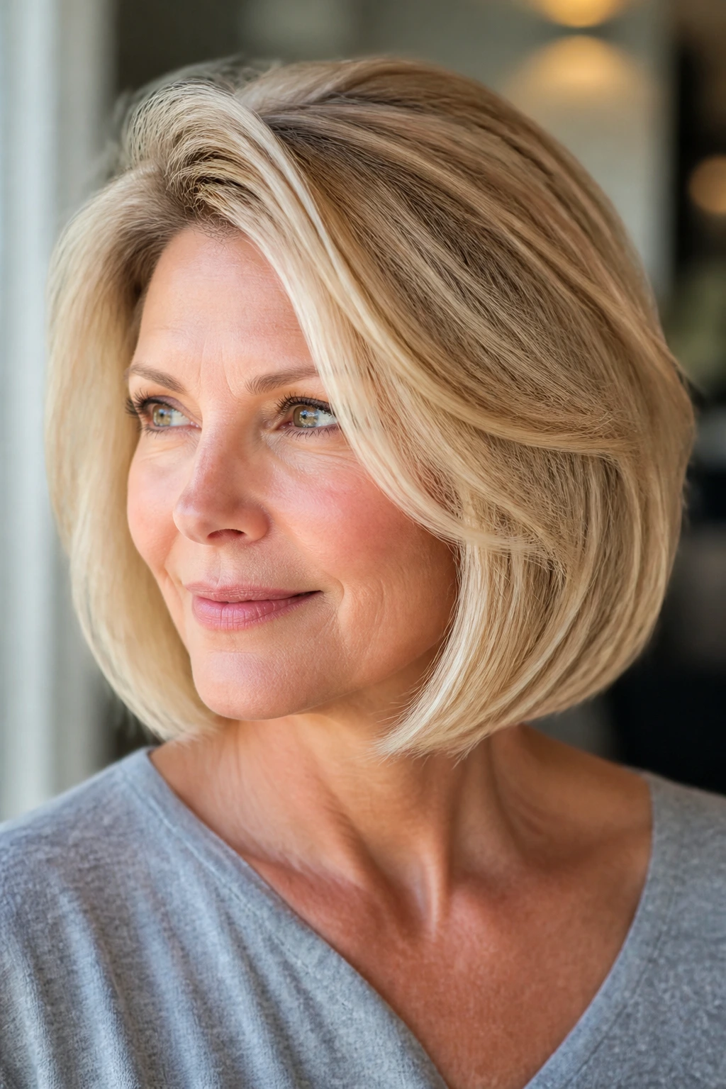 Close-up portrait of a real woman with creamy blonde side-parted bob and internal layers.