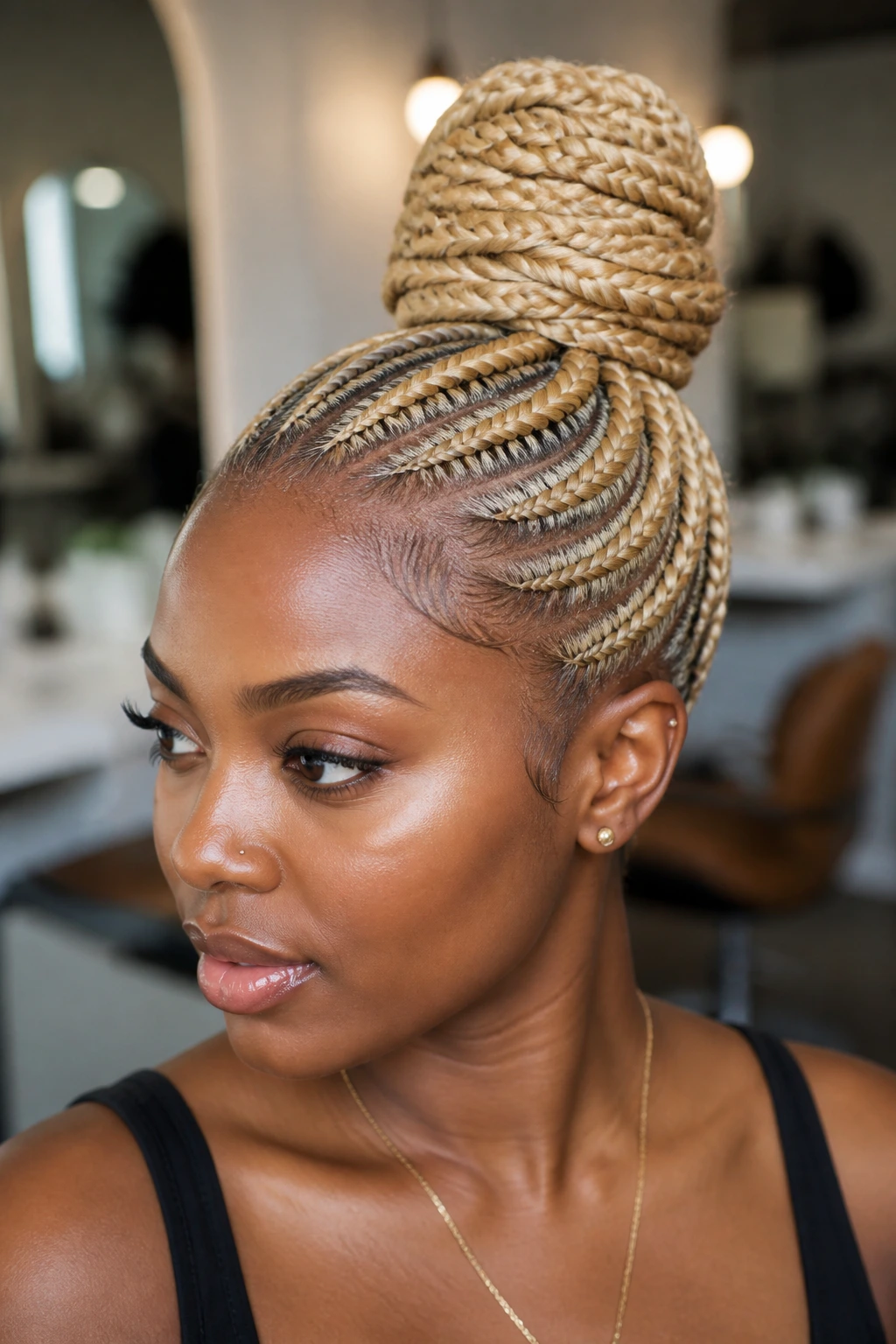 Real person with creamy blonde cornrows formed into a high bun.