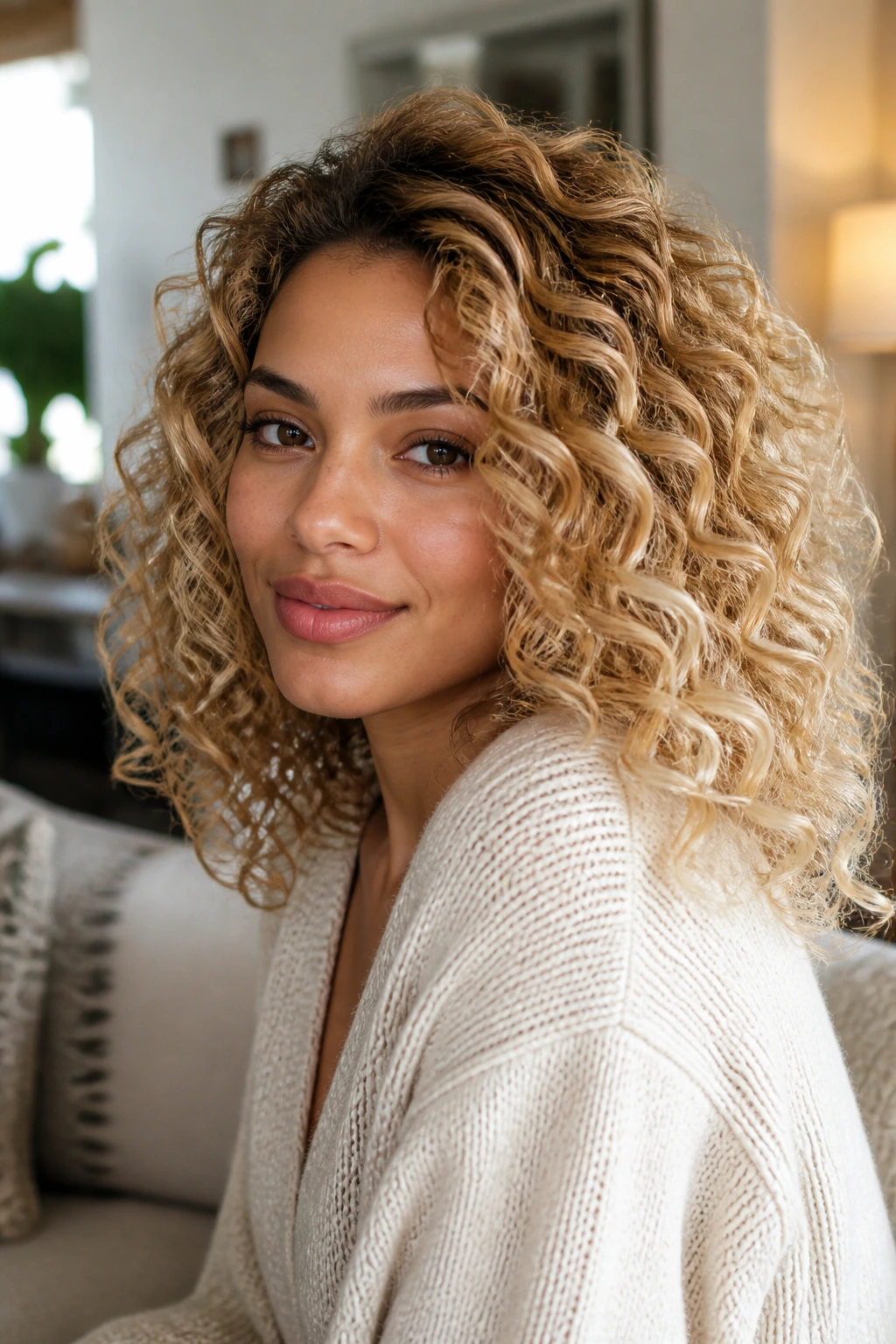 Close-up of a real woman with creamy blonde curls on medium skin.