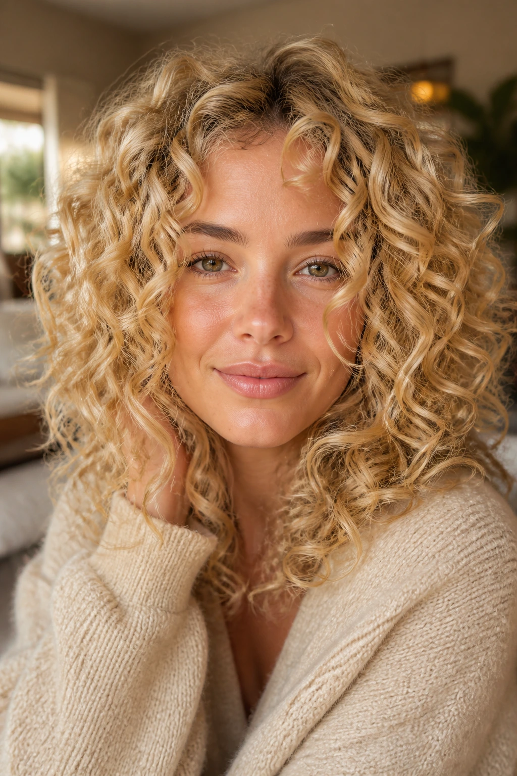 Close-up of creamy blonde defined curls on a real person.