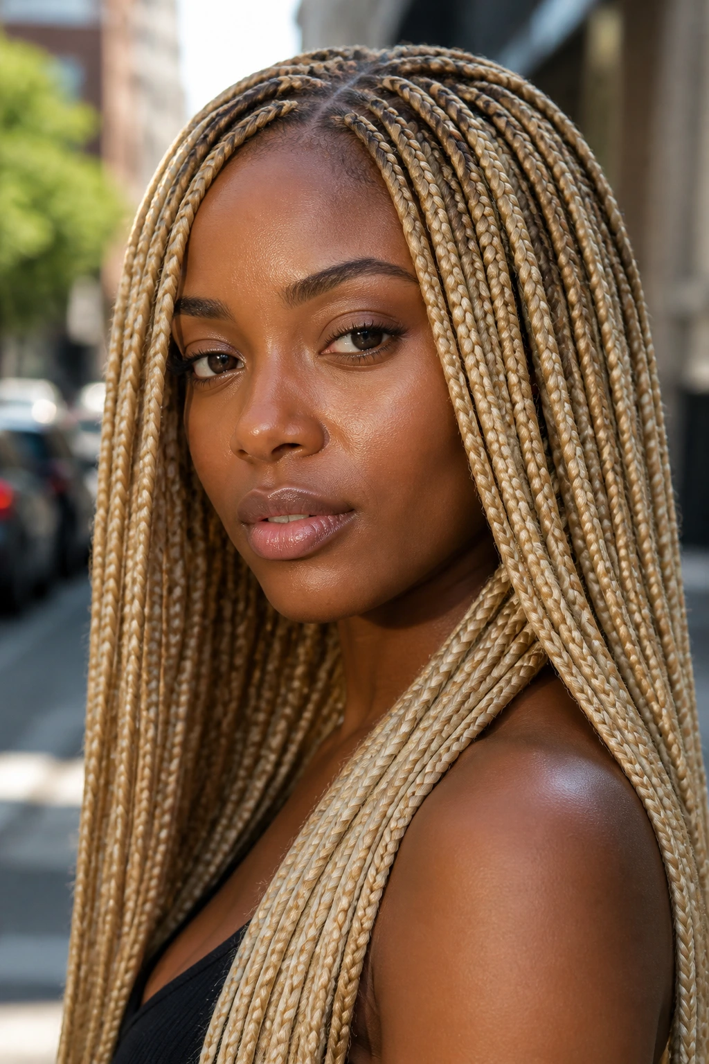 Real woman with creamy blonde knotless braids.