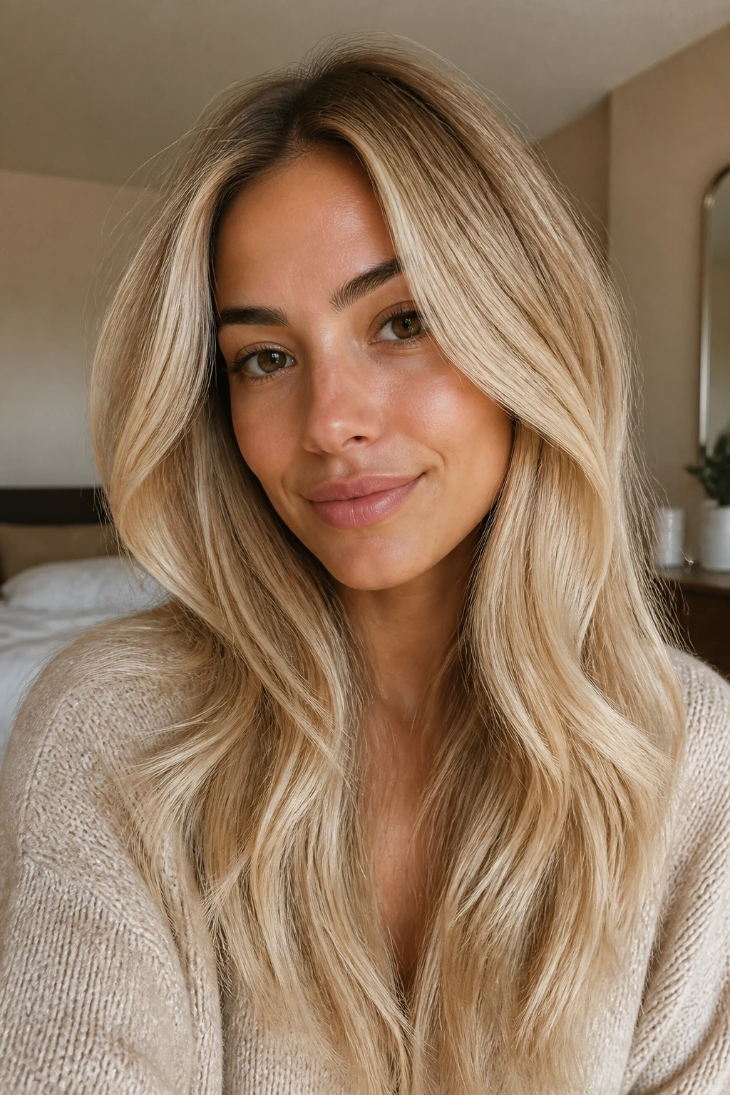Close-up of a woman with creamy butter blonde hair on olive skin in warm natural light