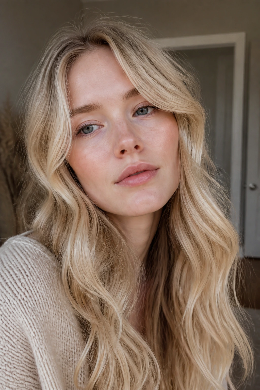 Close-up portrait of creamy blonde hair with pale skin and soft waves