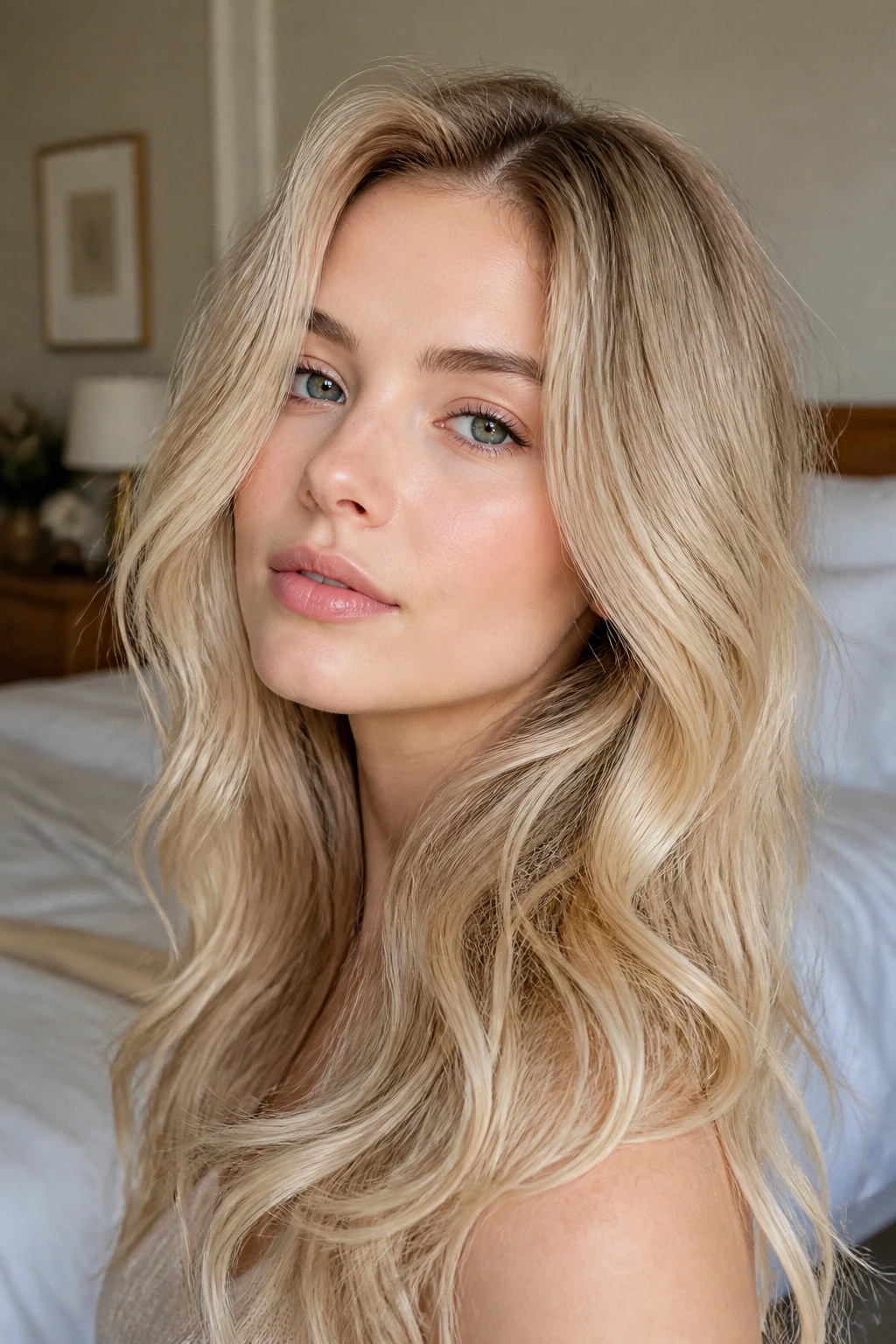Close-up portrait of a woman with creamy blonde wavy hair framing pale skin under warm window light