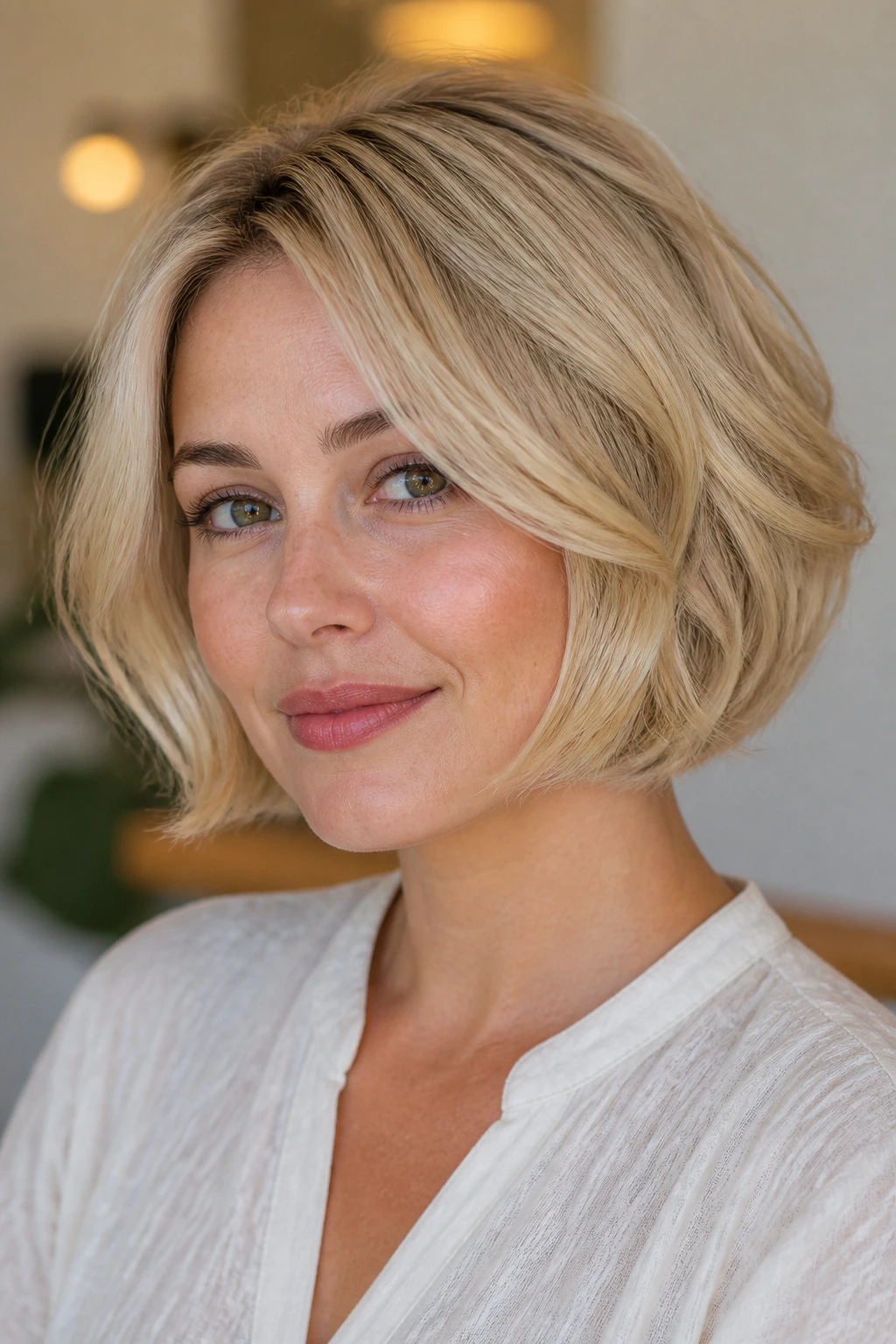 Real woman with creamy blonde rounded bob and jawline layers in warm indoor light