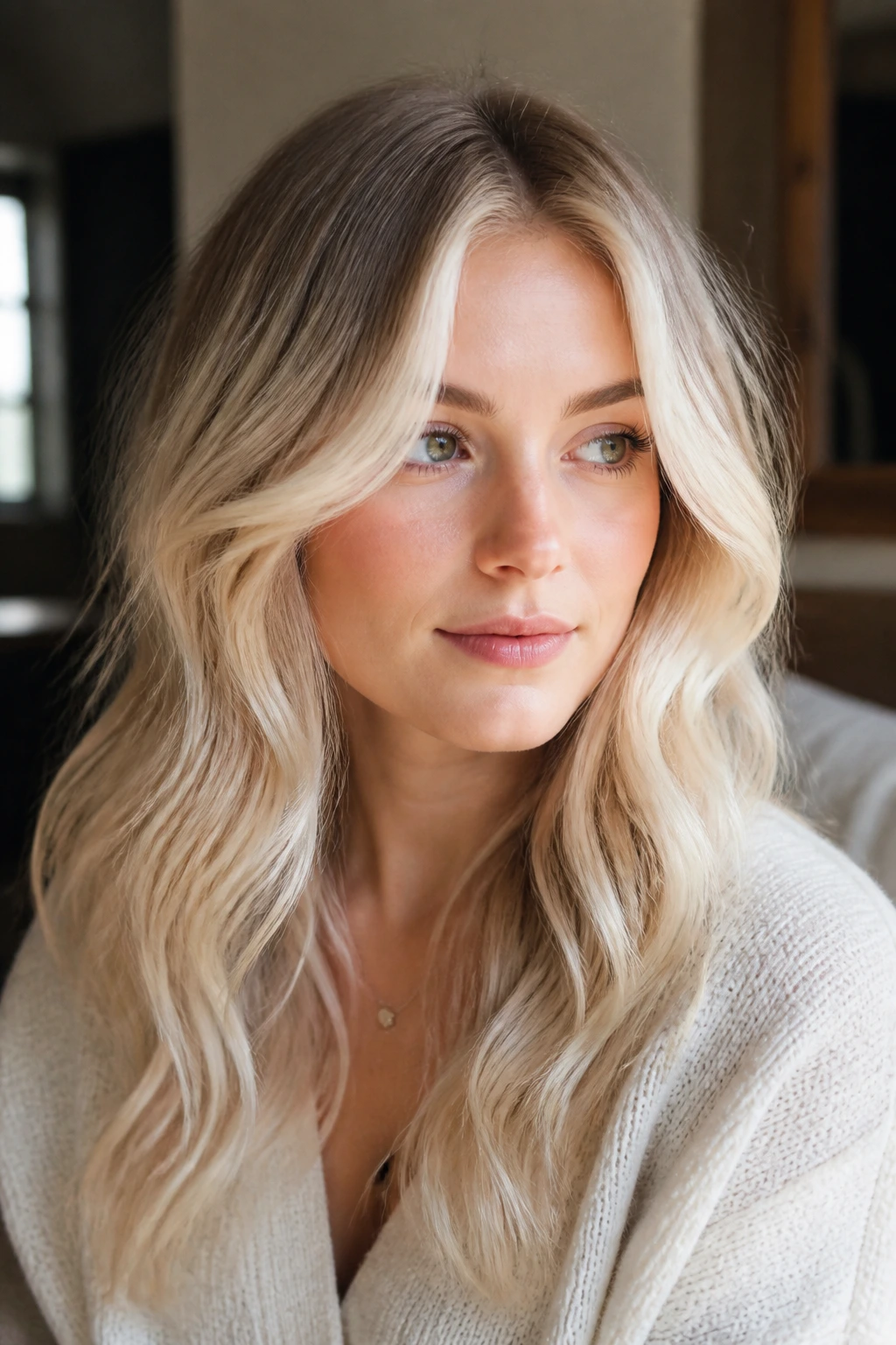 Close-up portrait of a real woman with varied creamy blonde hair showing shadow root and face-framing lightness