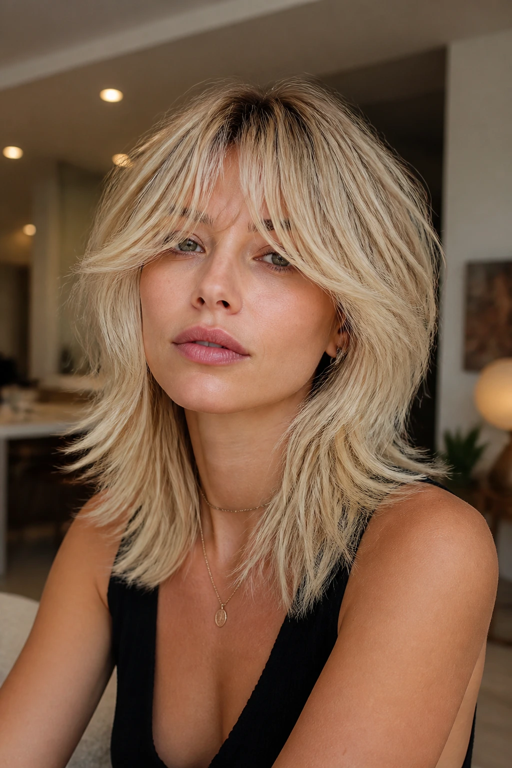 Close-up of a real woman with creamy blonde wolf cut and curtain bangs