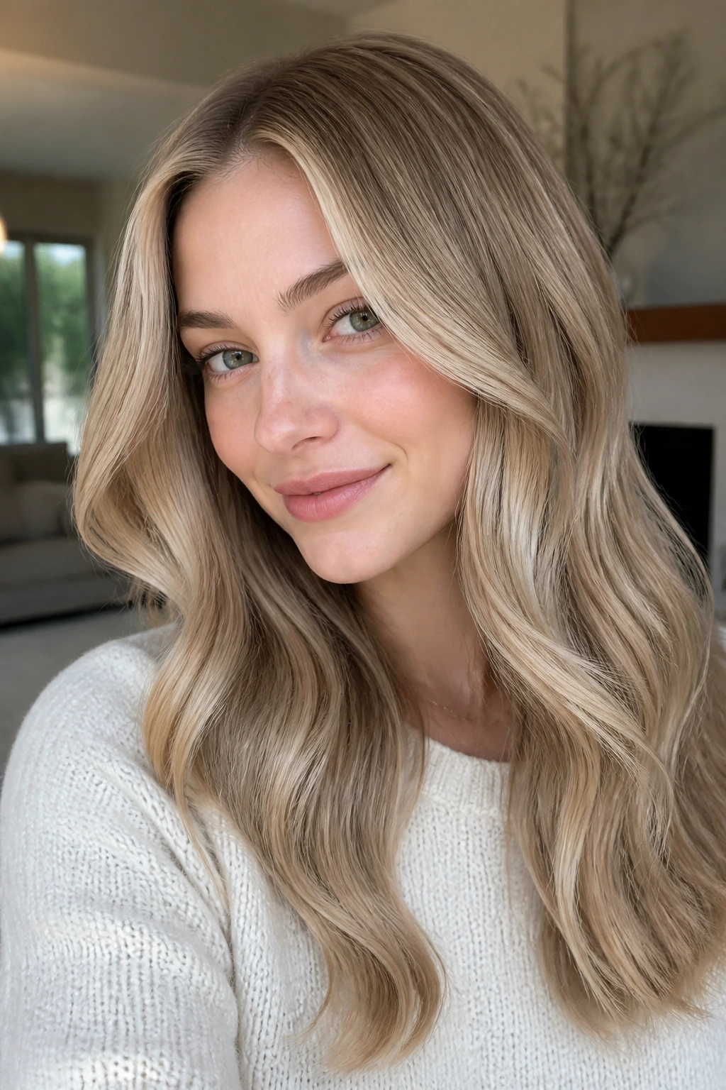 Close-up portrait of creamy bronde hair with face frame highlights