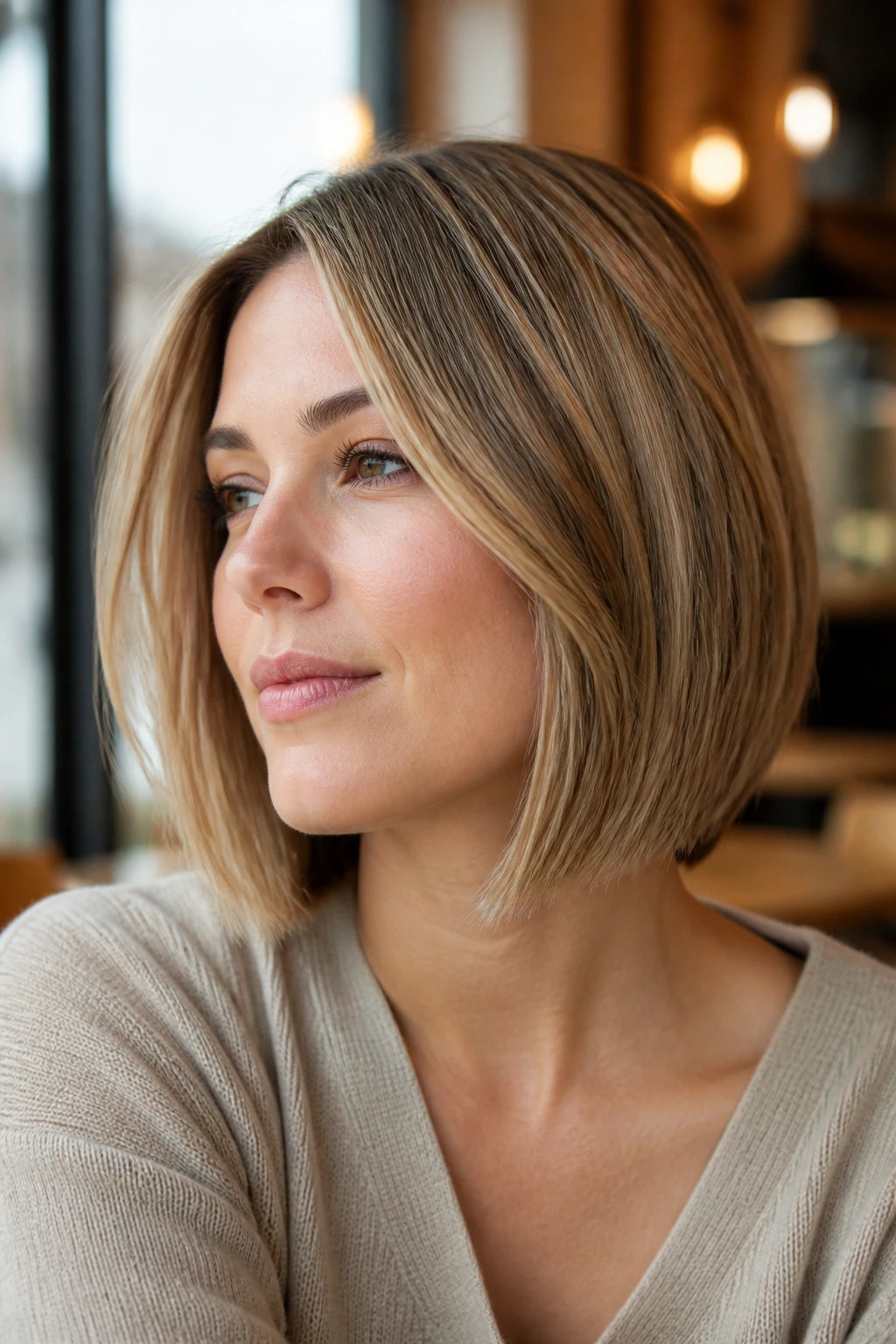 Close-up of a real woman with a creamy caramel bob