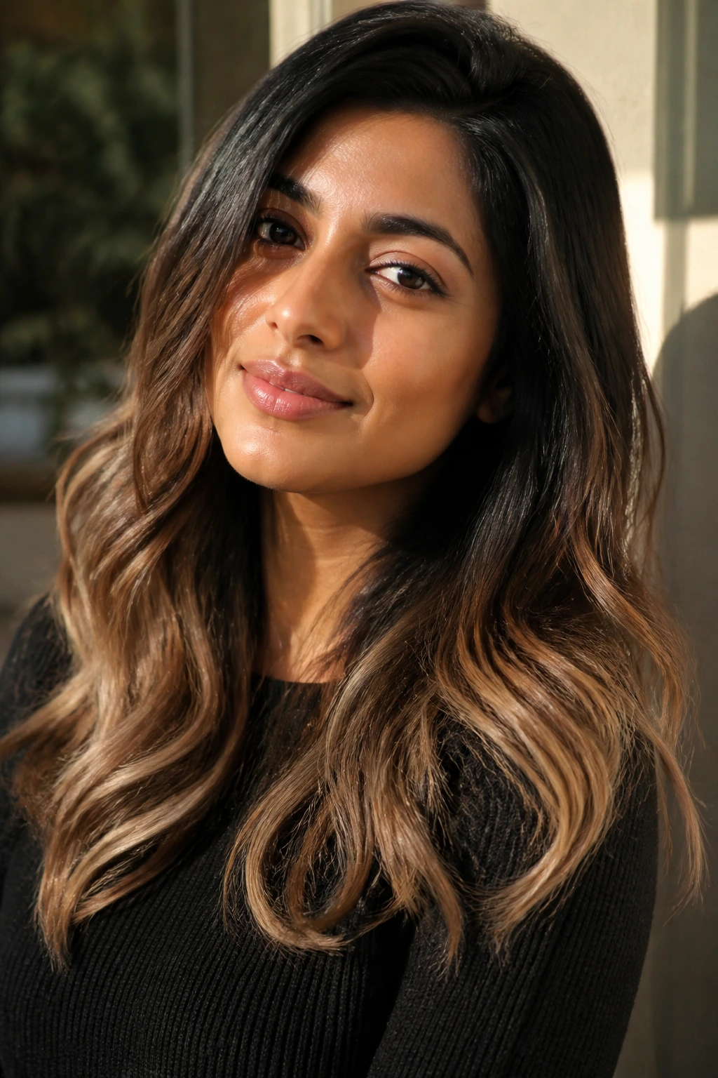 Close-up of a real woman with creamy caramel melt on dark olive skin