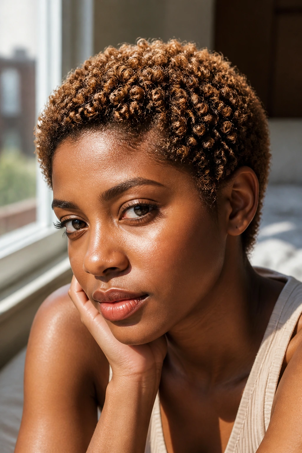 Close-up of short coils with creamy caramel veil
